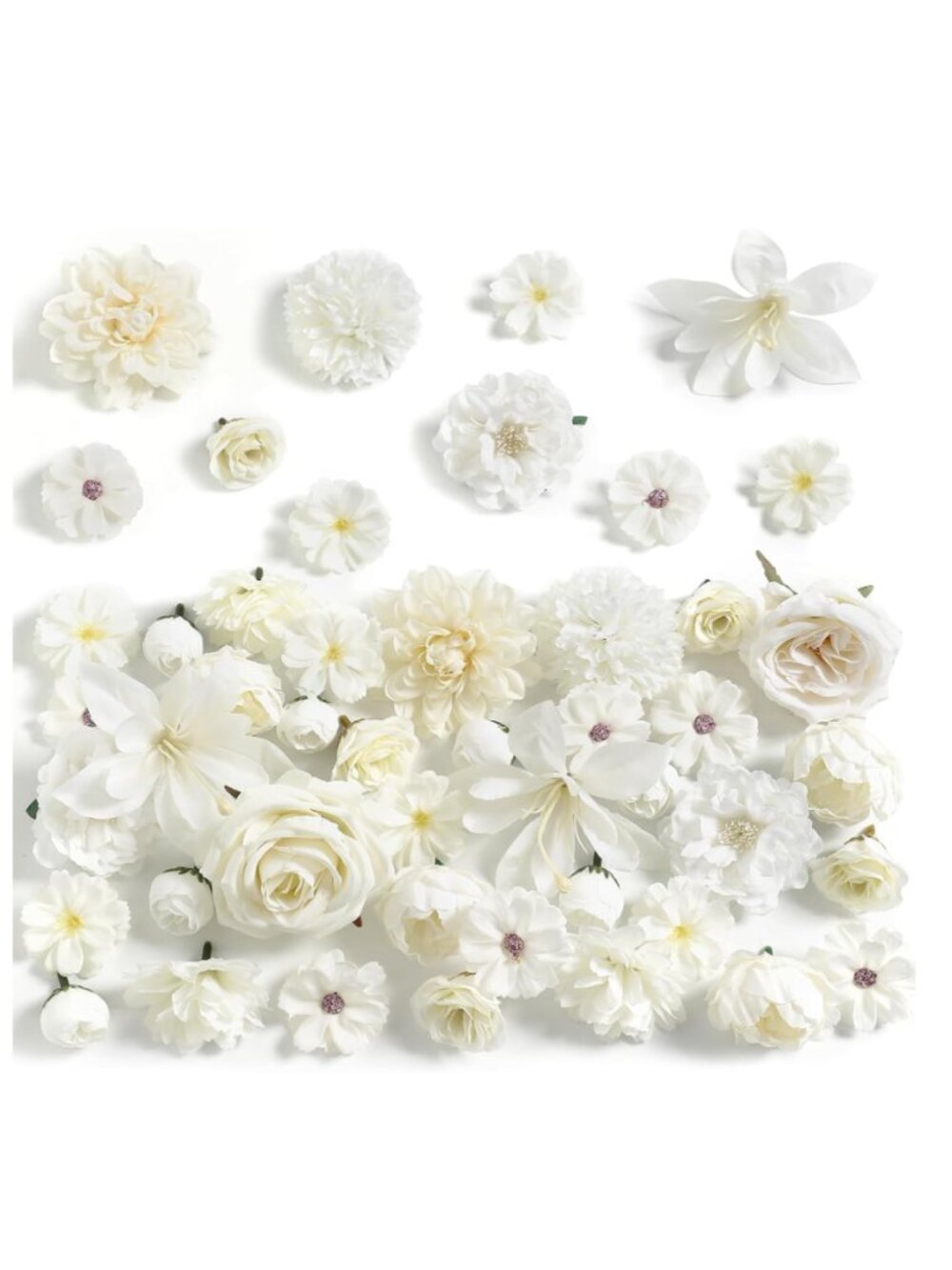 White Silk Artificial Roses, Peonies, Daisies & Mini Floral Heads (48-Pack)